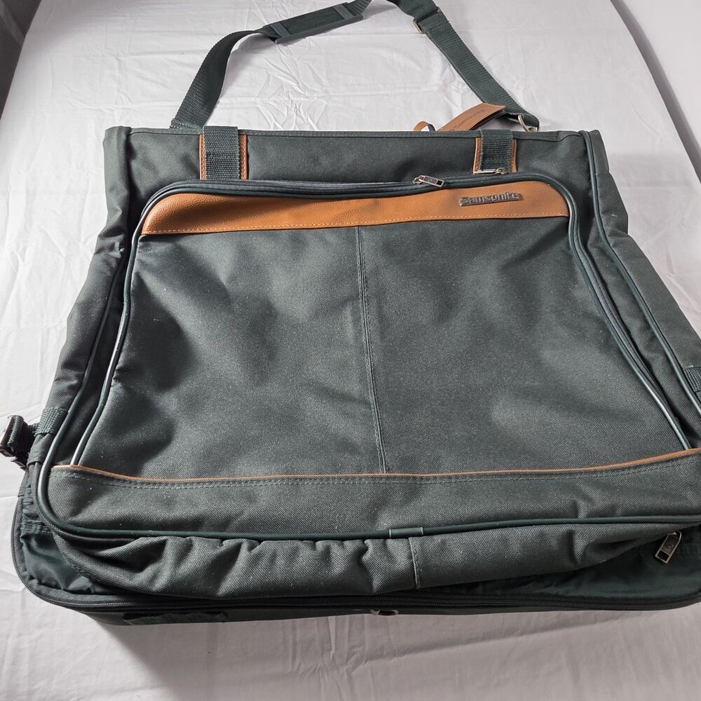 Vintage 1994 Samsonite Evergreen Hanging Garment Bag Green Brown Leather Luggage